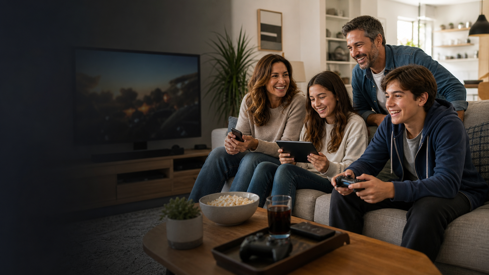 Family relaxing at home with phones and a game controller
